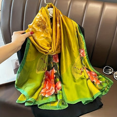 Vintage Peony Flower Print Scarf Classic Silk Shawl Women Head Wrap Satin Sunscr