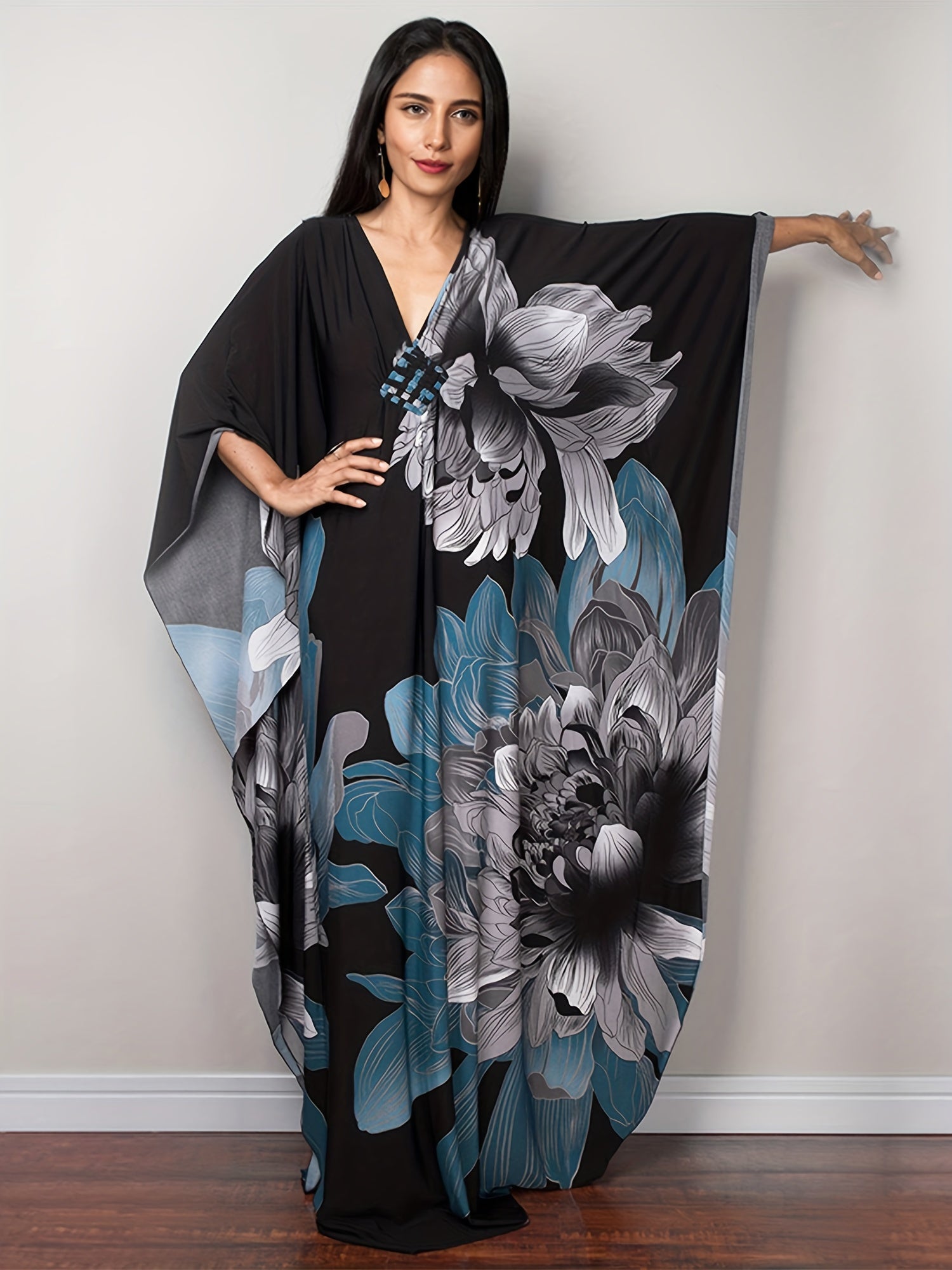 Floral Print Kaftan Dress V Neck Beach Vacation Dress For Spring & Summer