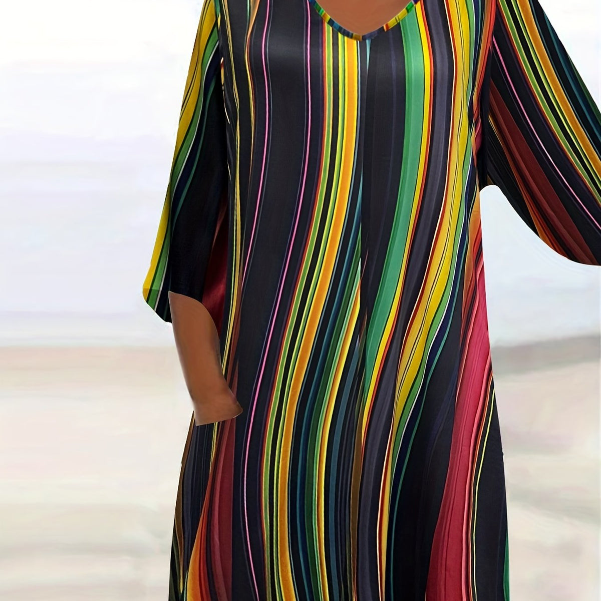  Boho Dress Women's Plus Stripe Print V Neck Tee Dress With Pockets