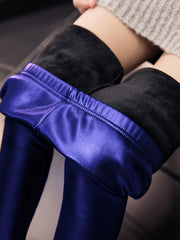 Solid Liner Fleece PU Leather High Rise Skinny Trousers