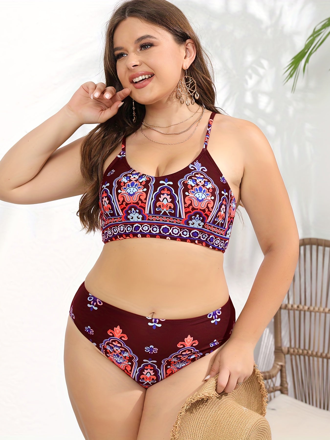  Boho Swimsuit Set Women's Plus Floral Print Top & Panty Two Piece Set