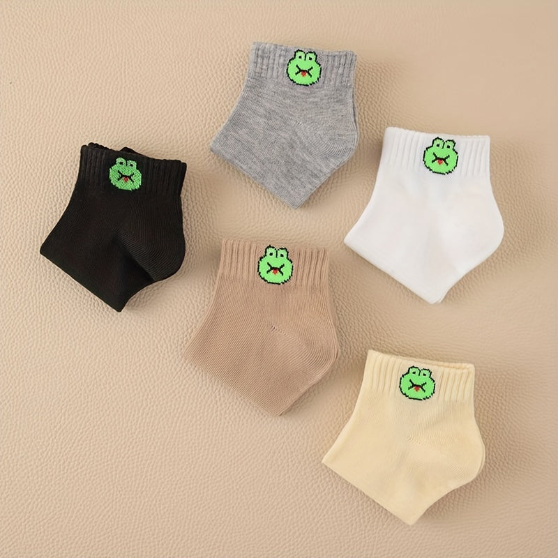5 Pairs Frog Print Socks Crew Short Comfy Stockings Women's Hosiery