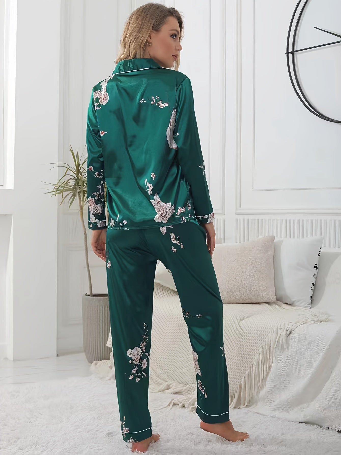 Floral Satin Pajama Set Long Sleeve Tops & Pants Women's Loungewear