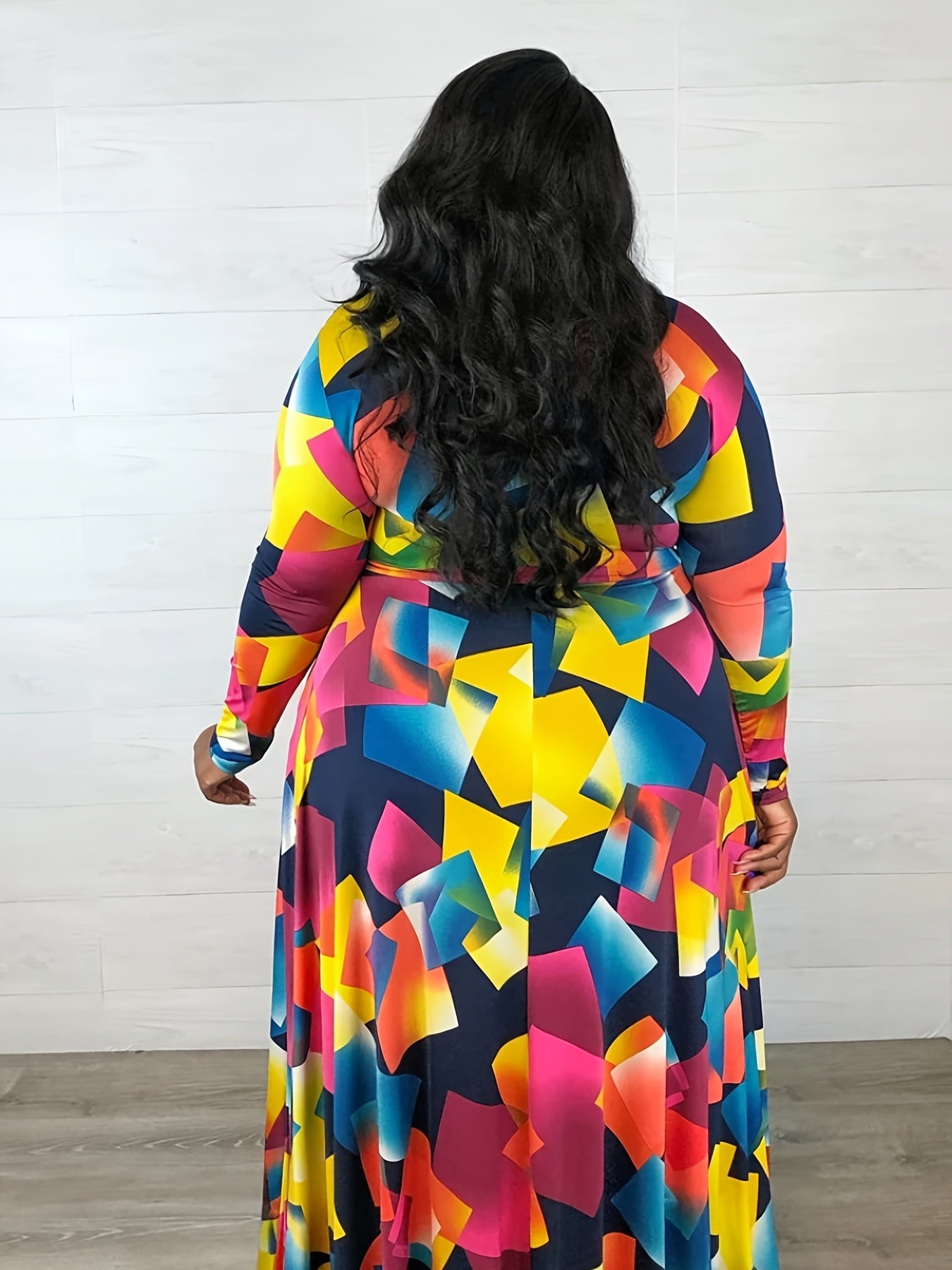  Geometric Print V Neck Long Sleeve Maxi Dress Women's Plus