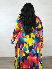  Geometric Print V Neck Long Sleeve Maxi Dress Women's Plus