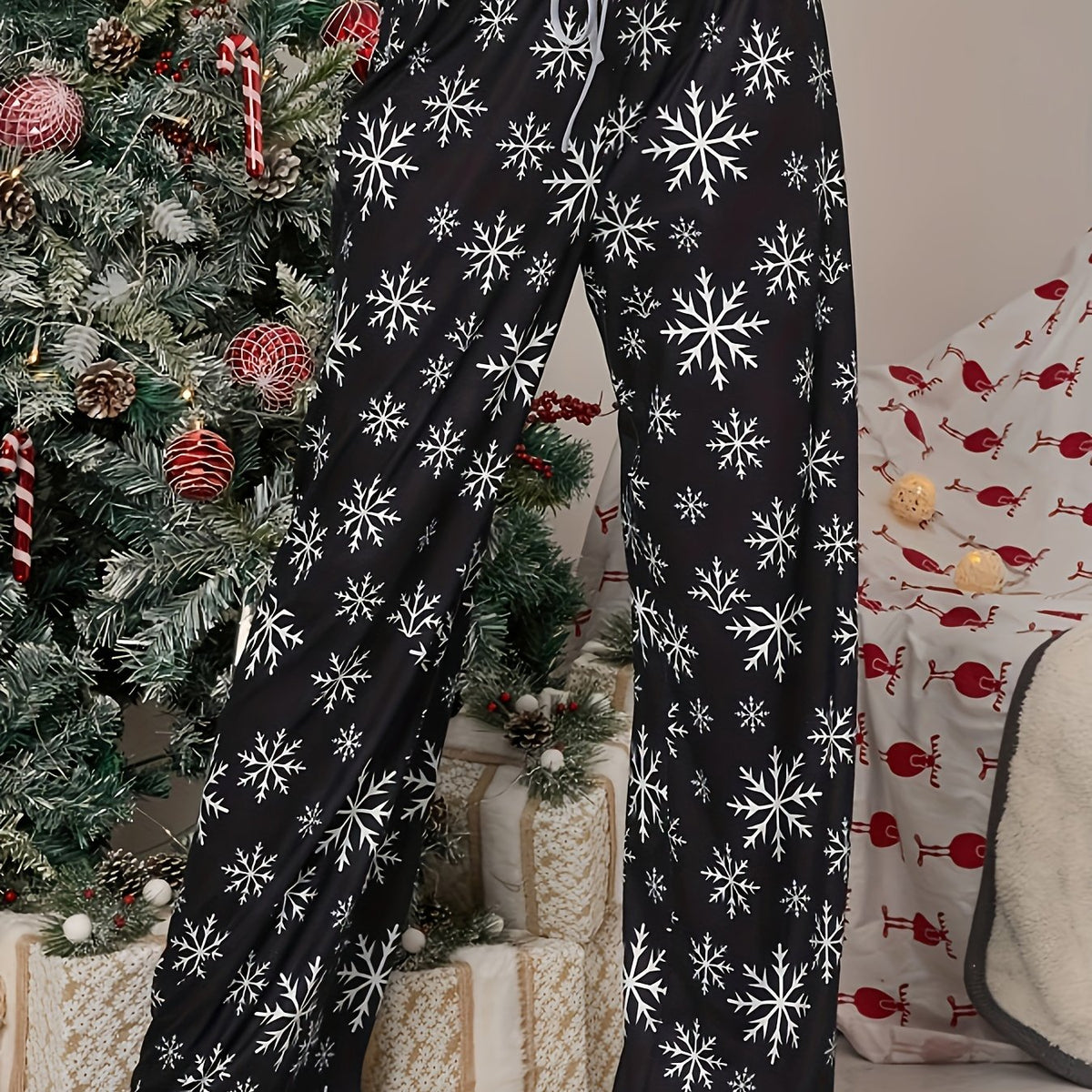 Women's Plus Snowflake Print Drawstring Elastic Waist Loose Trousers