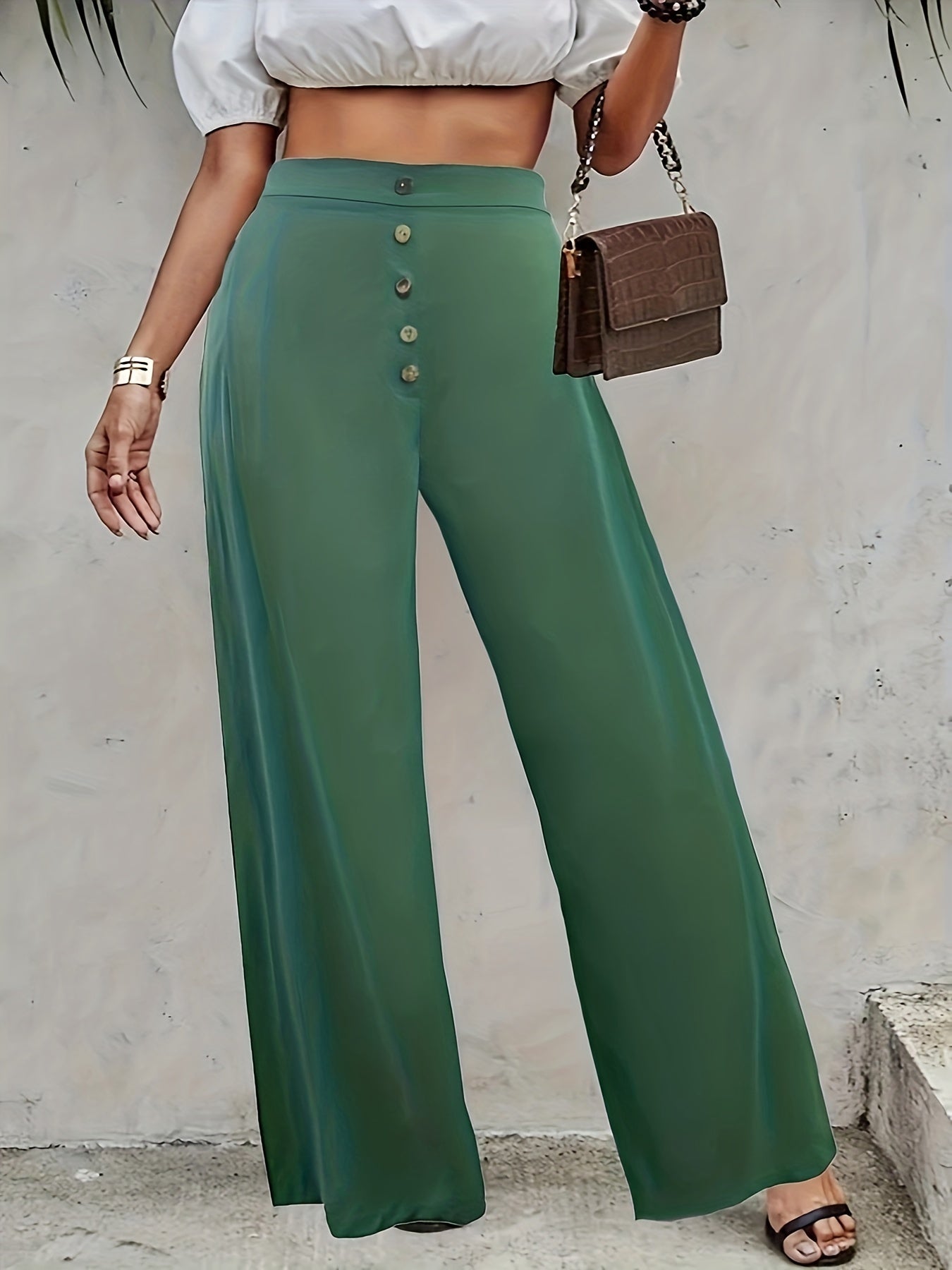  Pants Women's Plus Elastic Button High Rise Wide Leg Trousers
