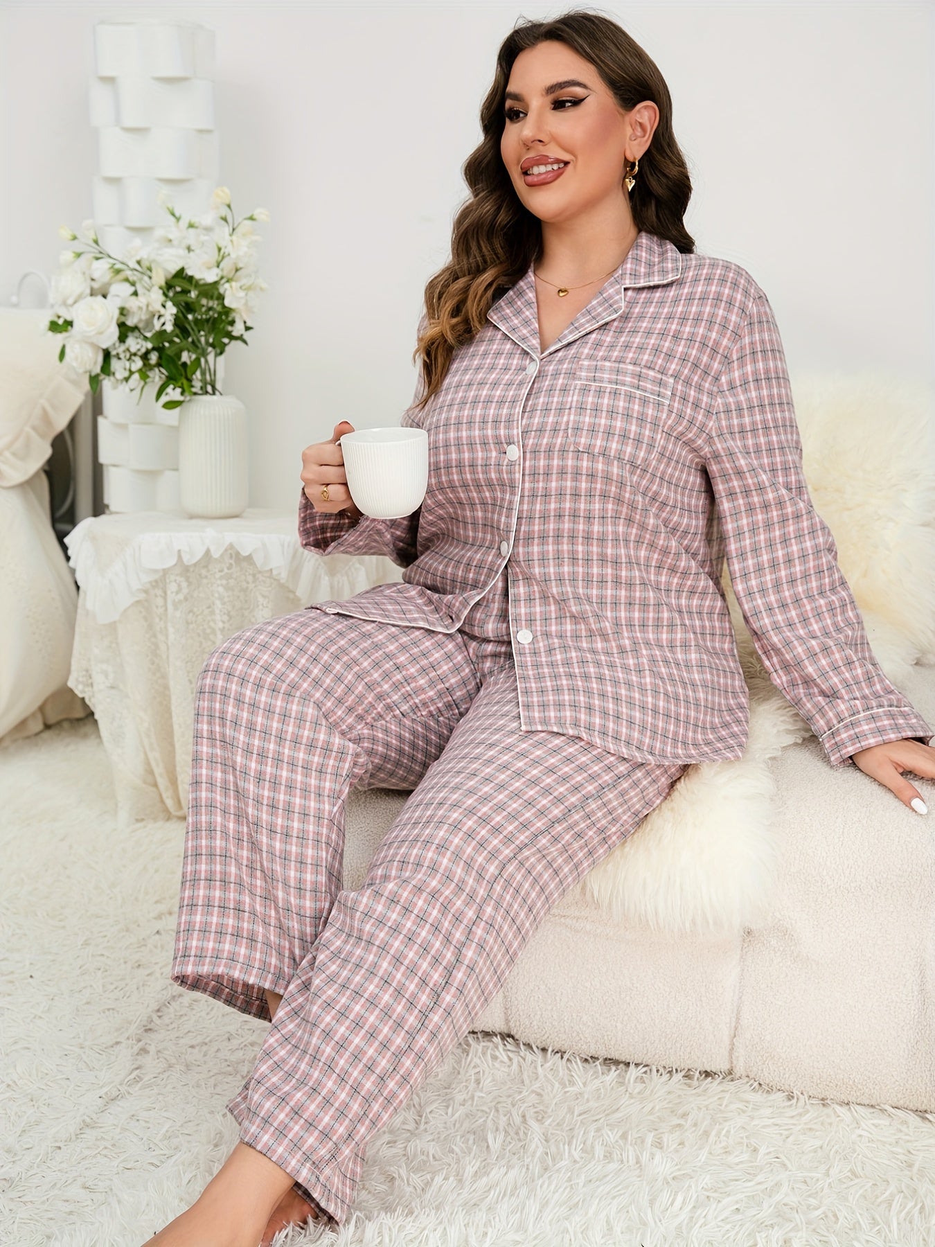  Plaid Print Long Sleeve Pajama Set for Women