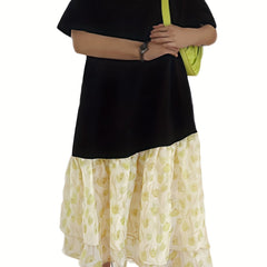  Colorblock Mesh Layered Round Neck Dress