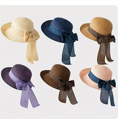 Vintage Sun Hat Bowknot Crochet Straw Hat Foldable Fedora Cap
