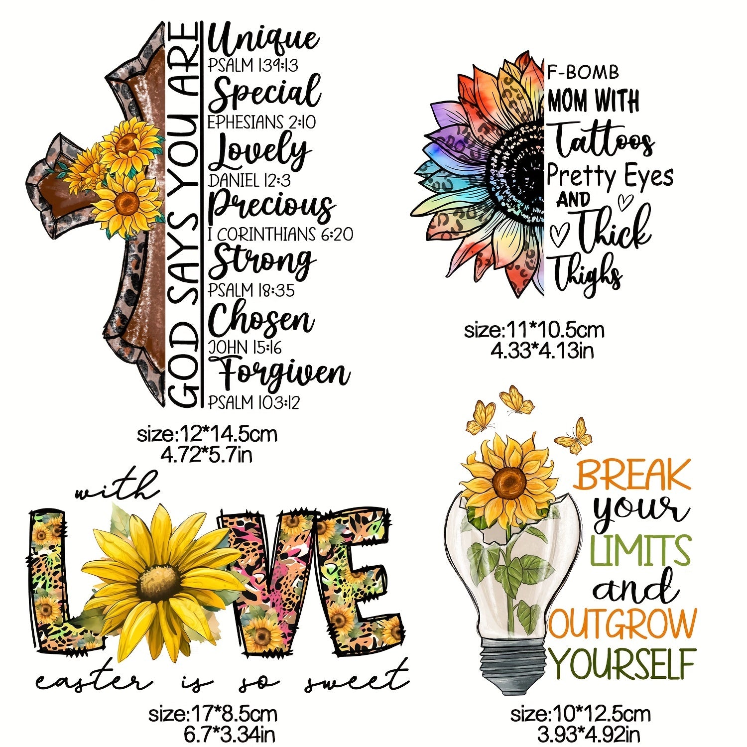 4 Pcs Sunflower Iron On Transfers Patches Decals Flower Appliques For T Shirts