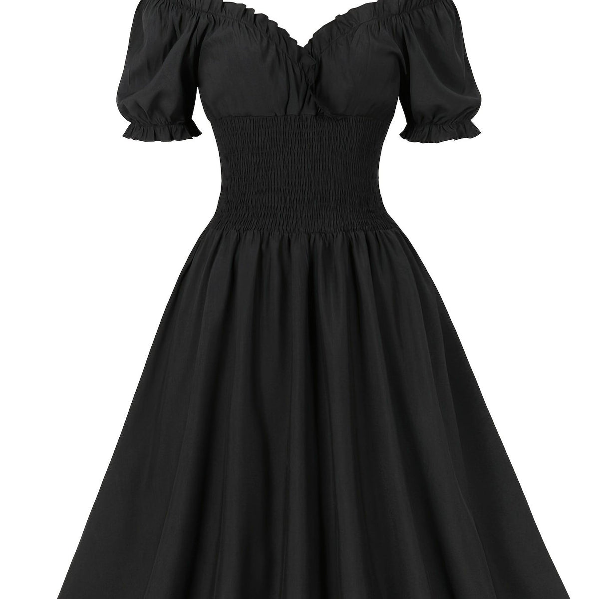  Retro Dress Off Shoulder Puff Sleeve V Neck Swing A line Dress