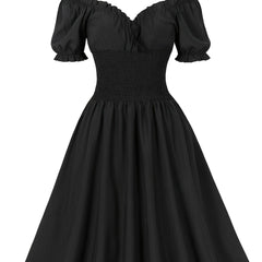  Retro Dress Off Shoulder Puff Sleeve V Neck Swing A line Dress