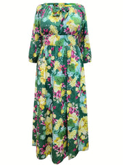 Floral Print Off Shoulder Boho Dress V Neck Thigh Slit