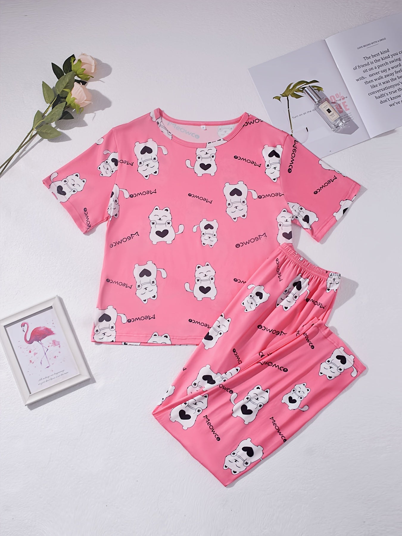 Cat Print Pajama Set Short Sleeve Top & Pants Women's Sleepwear