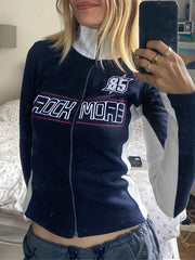 Letter Print Block Zip Up Long Sleeve Y2K Top