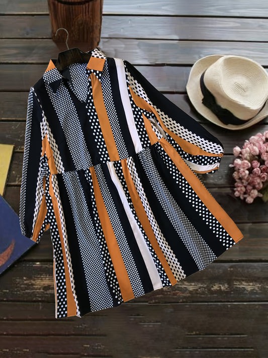  Boho Dress Dot Stripe Print Lantern Sleeve Loose