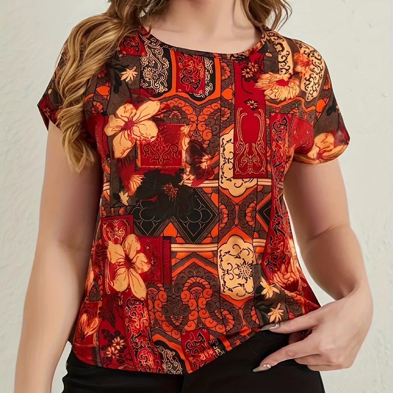  Boho Blouse Women's Plus Floral Print Short Sleeve Round Neck T