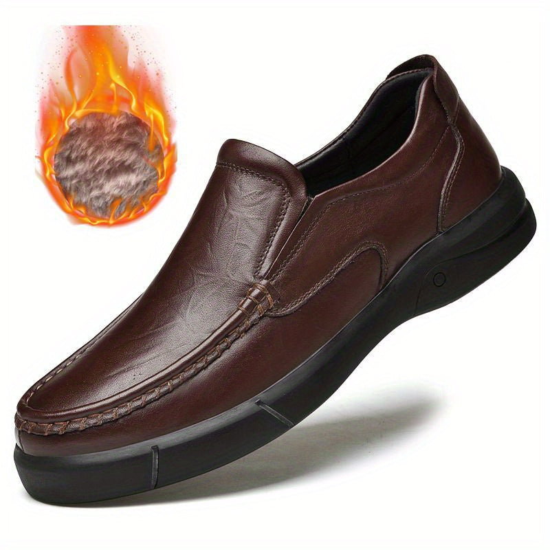 Men's No Tie Leather Loafers Warm Slip-On Shoes