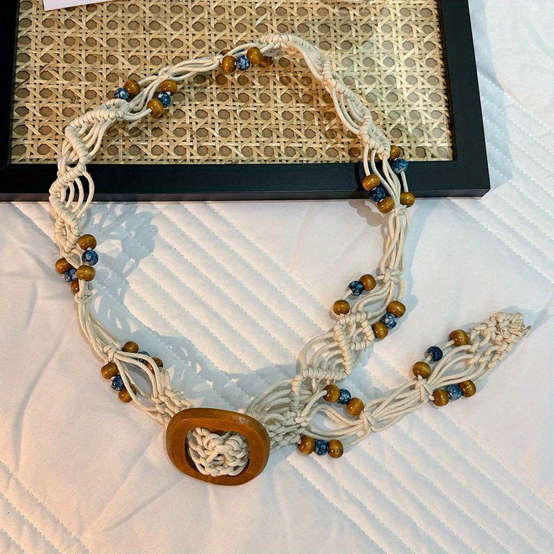 Boho Braided Belt with Vintage Wood Beads