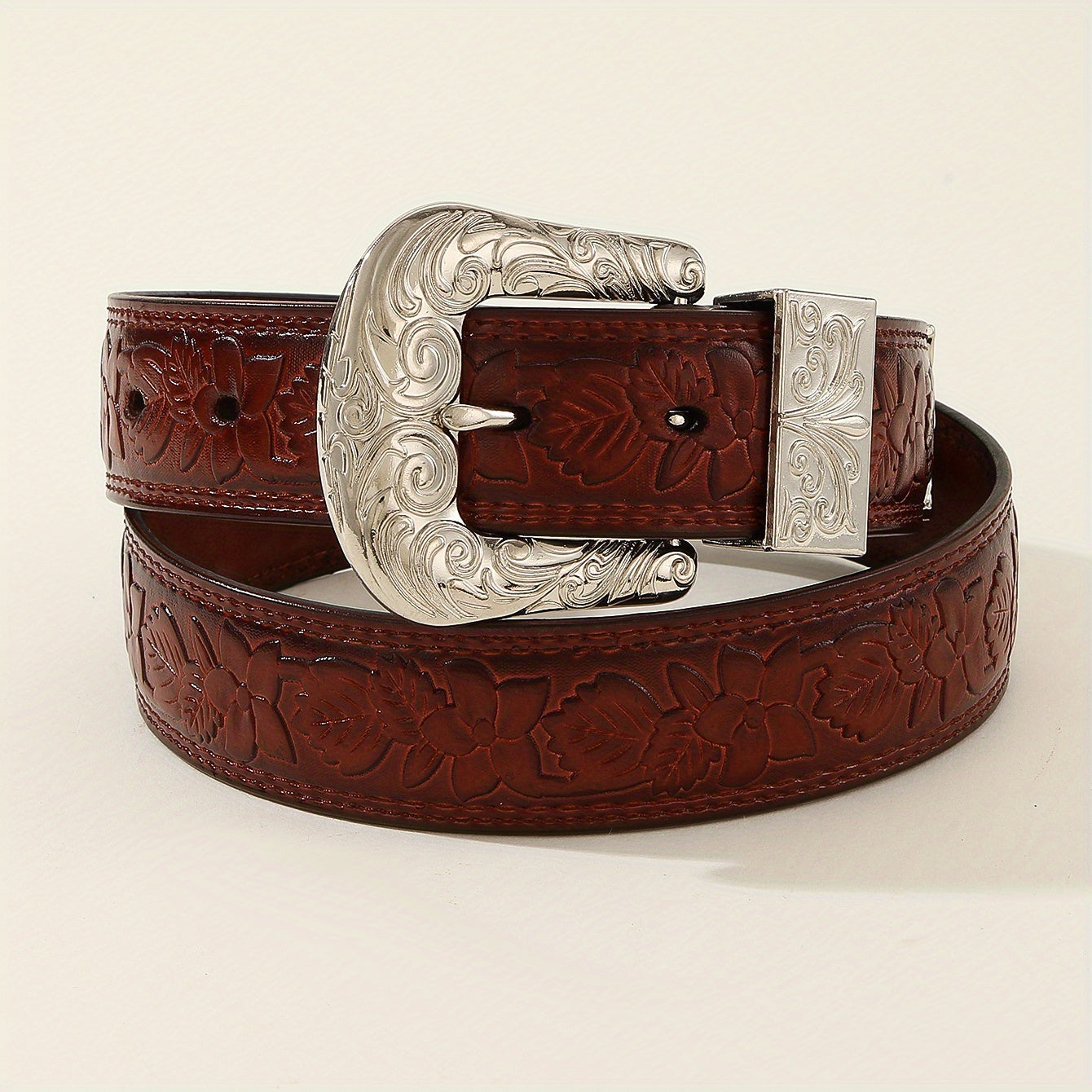 Vintage Engraved Buckle Belt Embossed PU Leather Belt For Women