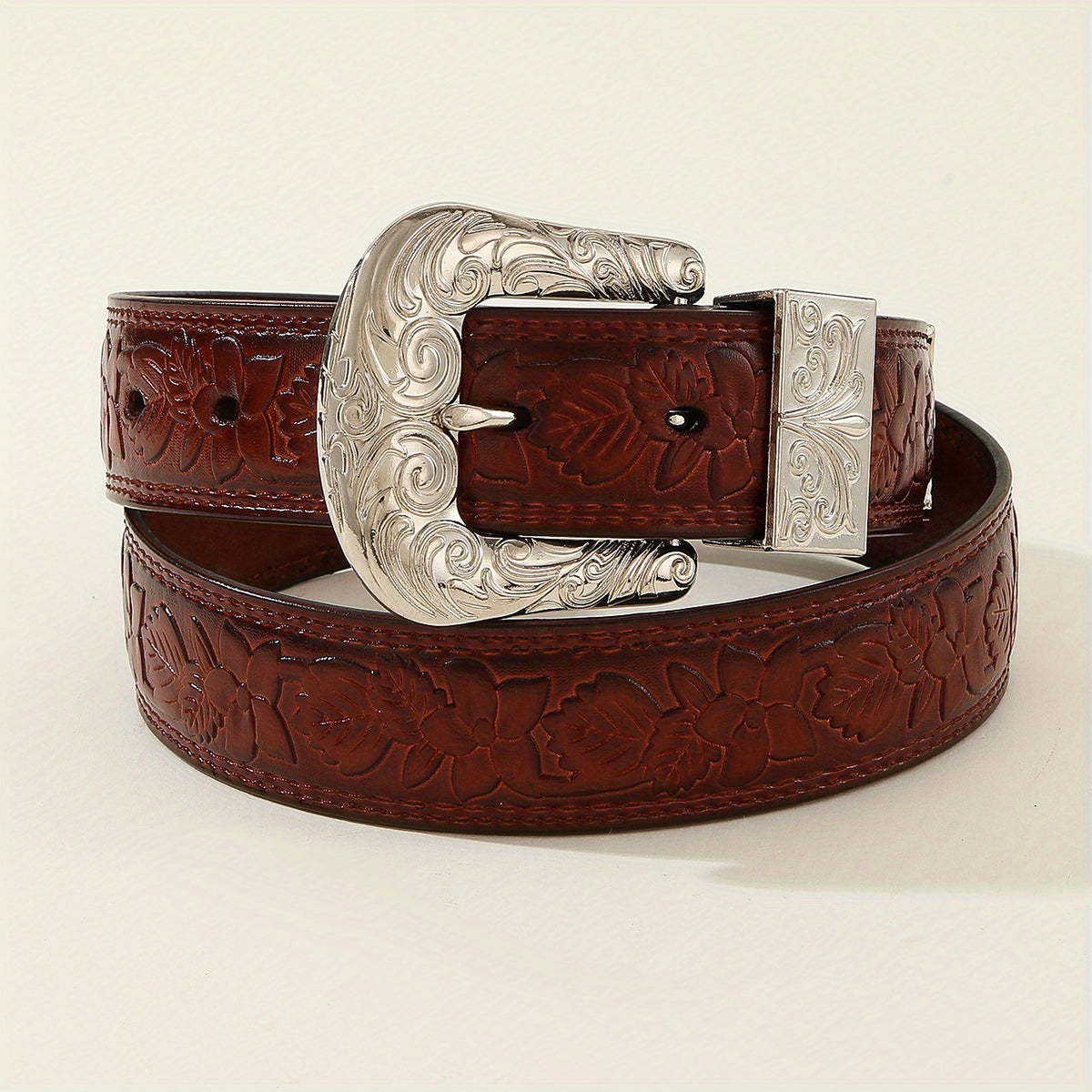 Vintage Engraved Buckle Belt Embossed PU Leather Belt For Women