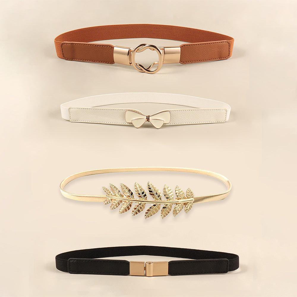 4PCS Brown Leaf and Bow Buckle Belt Set for Women