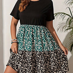  Colorblock Ditsy Floral Print Smock Dress