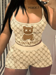 Teddy Bear Print Two Piece Set Cami Top & Slim Shorts
