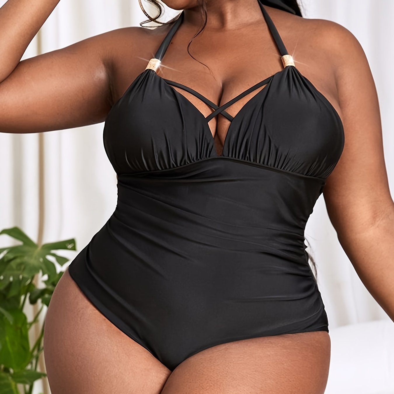  Halter Neck Criss Cross One Piece Swimsuit