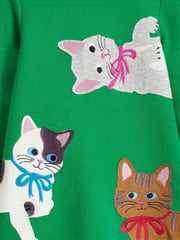 Girls' Thanksgiving Applique Dress, Green Cat Cartoon, 2-8Y