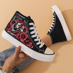 Flower Print Chunky Canvas Sneakers High Top Skate Shoes