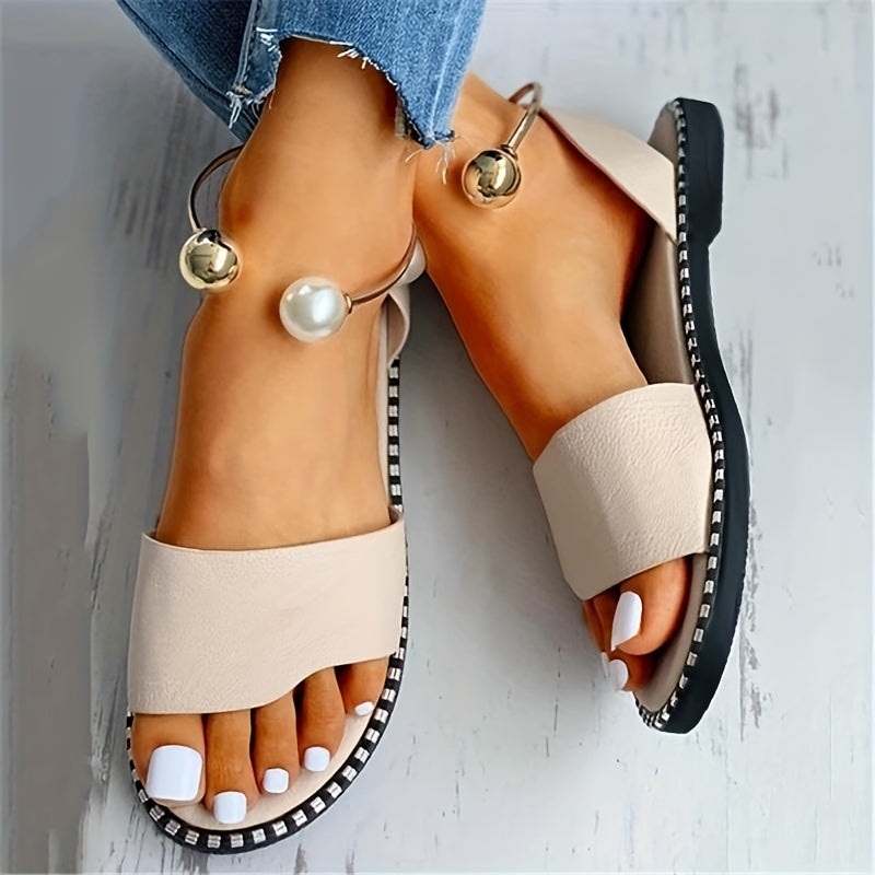 Women's Faux Pearl Ankle Strap Flat Sandals