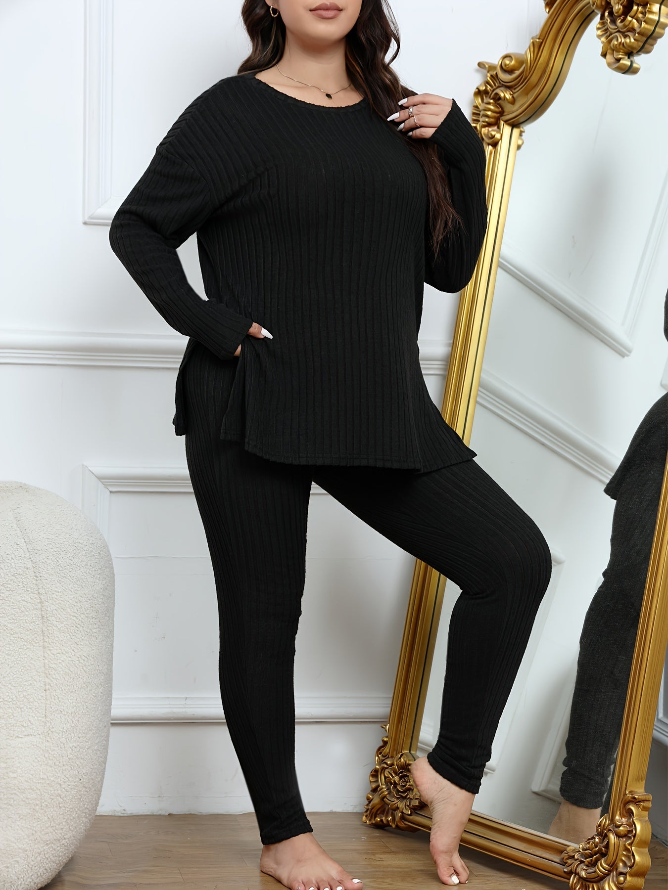  Ribbed Knit Lounge Set Long Sleeve Top & Leggings Pajamas