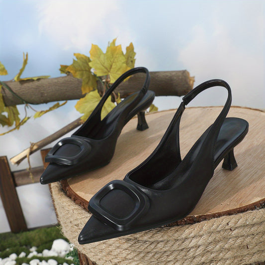Women's Pointed Toe Kitten Heels Square Buckle Slip On Sandals