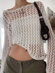 Crochet Beach Wear Knit Sweater Solid Crew Neck Long Sleeve Summer Sweater