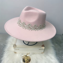 Pink Lace Flower Fedora Felt Hat for Women
