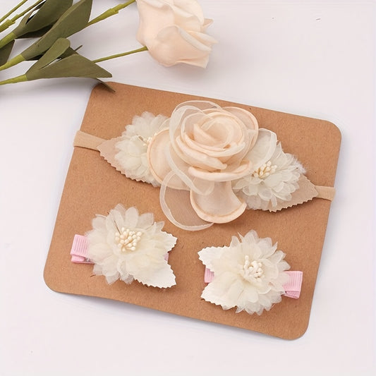 Sweet Mesh Flower Headband Hair Clips Set for Baby Girls