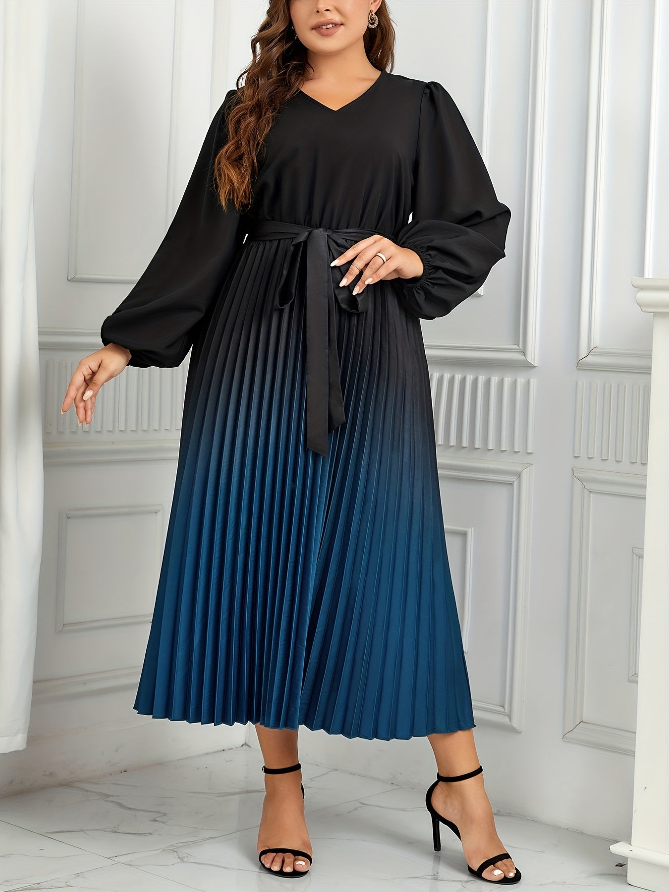  Women's Ombre Lantern Sleeve Maxi Dress