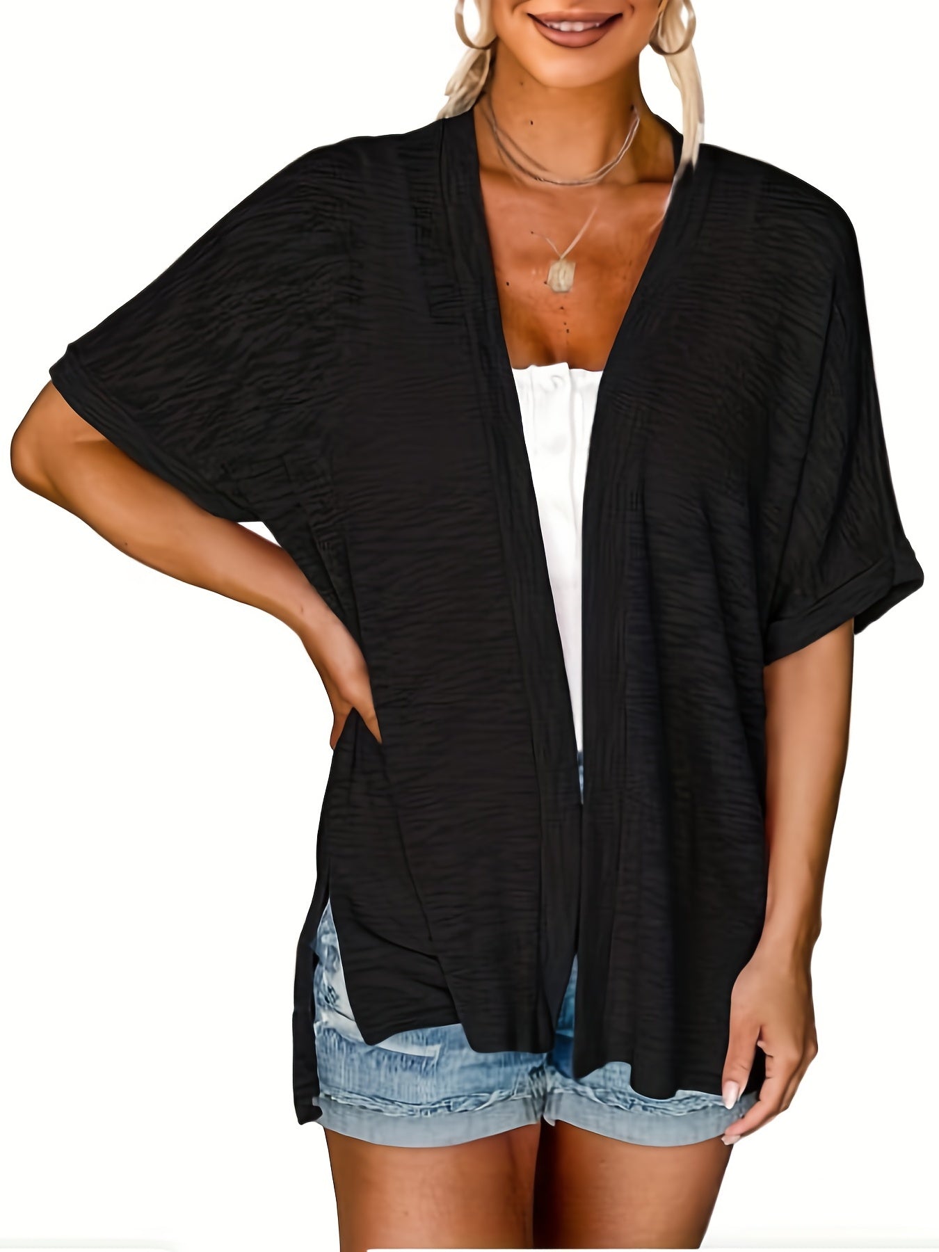  Solid Short Sleeve Open Front Cardigan