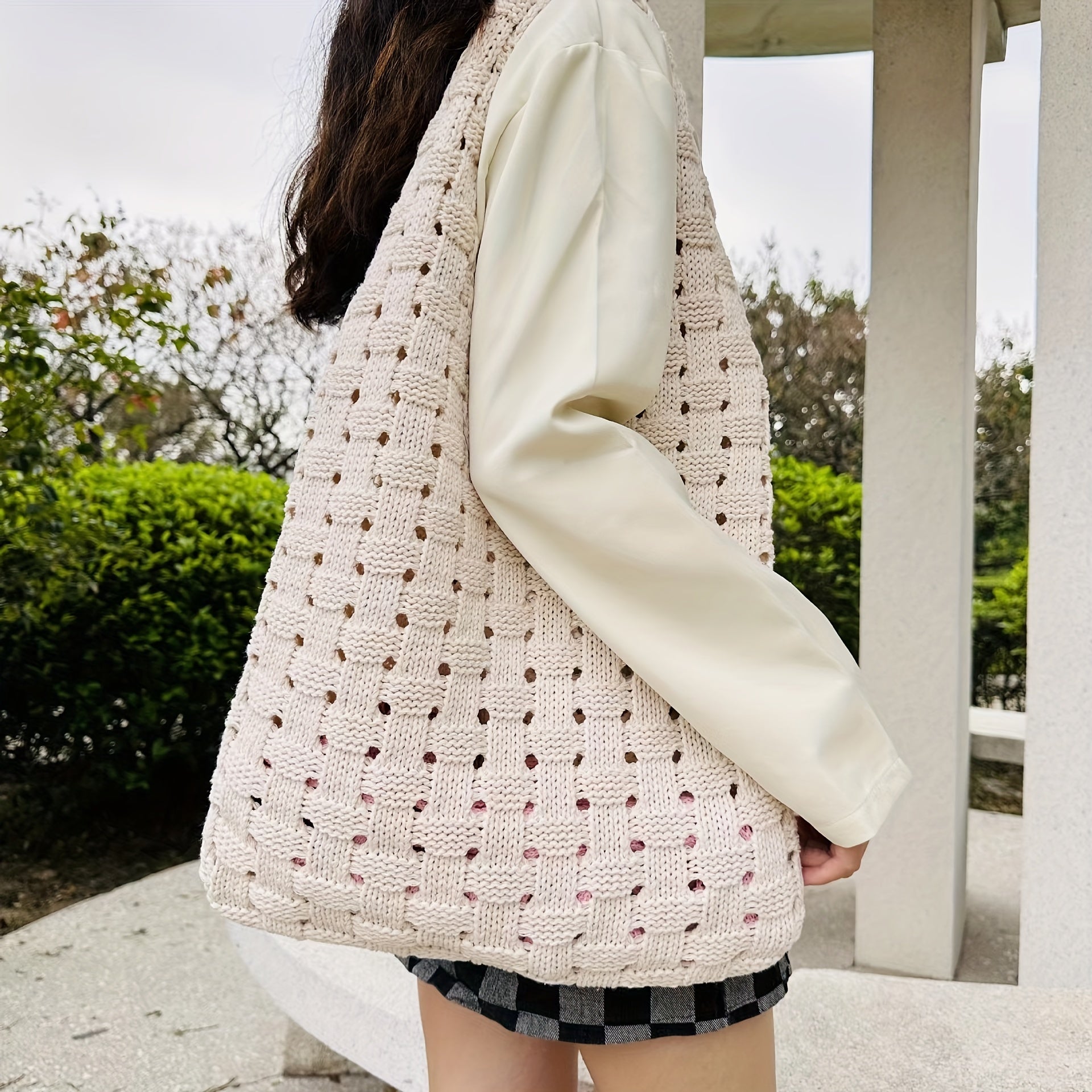 Solid Knitted Shoulder Bag Portable Shopping Bag