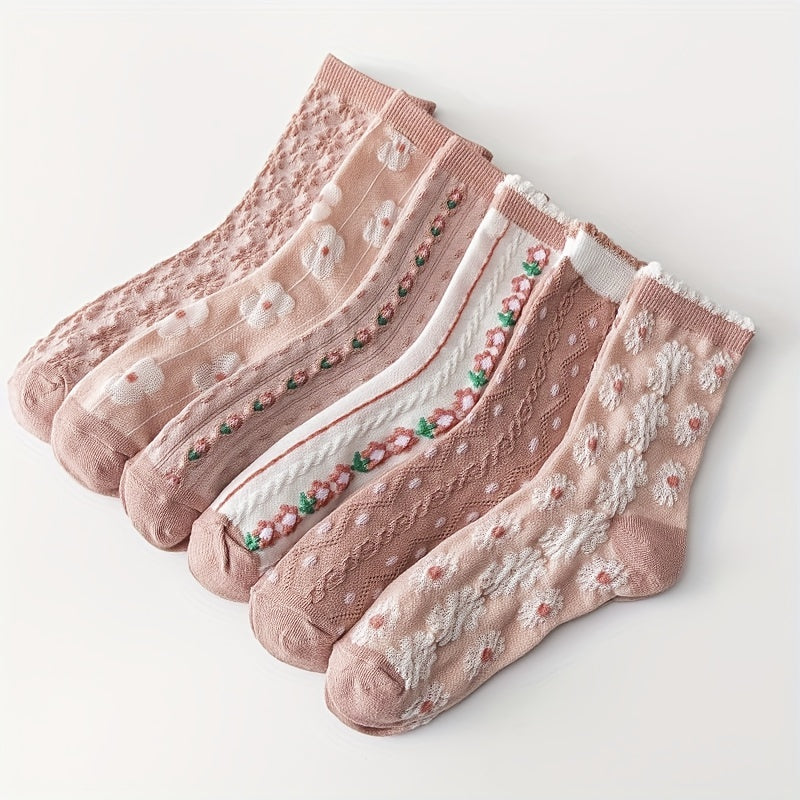 6 Pairs Floral Print Socks Sweet & 3D Textured Mid Tube Socks Women's Stockings