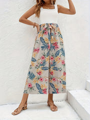  Tropical Print Tie Front Boho Pants