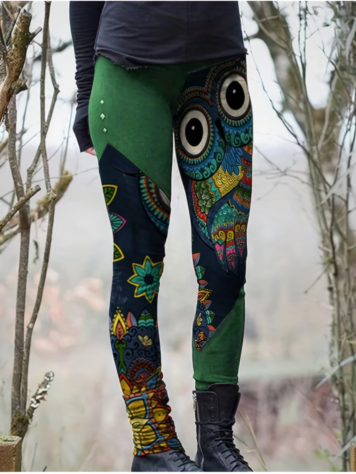  Tribal & Owl Print Elastic High Rise Skinny Trousers