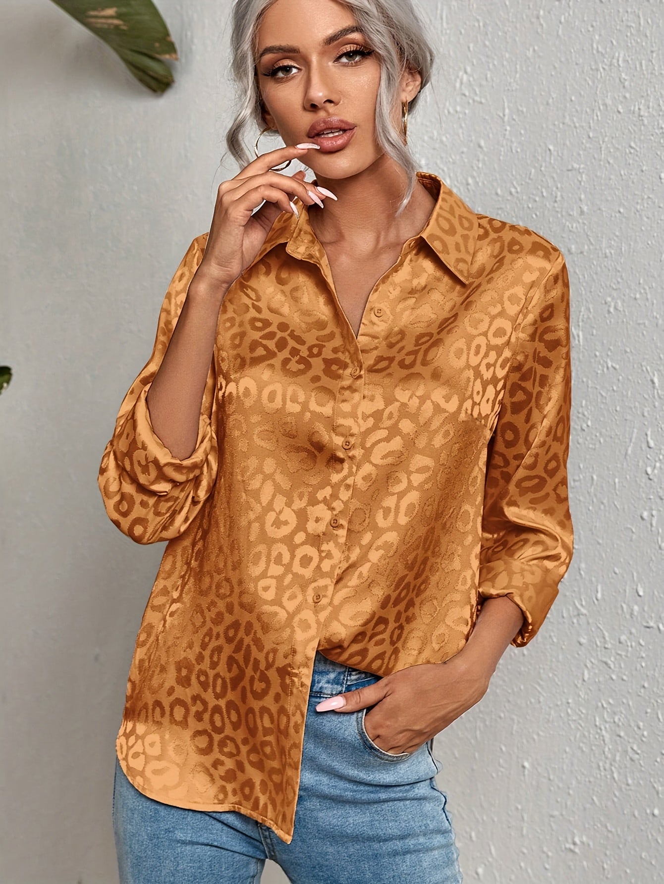  Casual Blouse Women's Plus Solid Leopard Pattern Button Up Long Sleeve