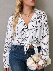 Abstract Figure Print Button Up Blouse