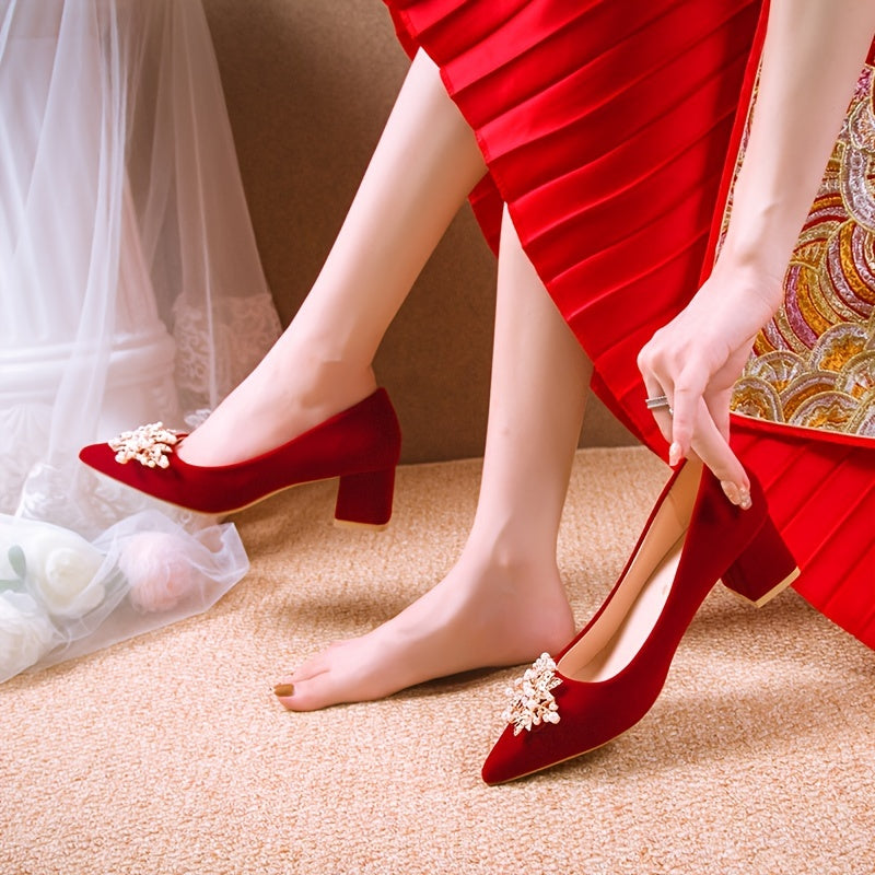 Pearl High Heels Block Heeled Pointed Toe Wedding Shoes