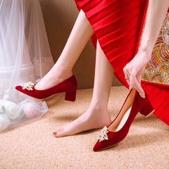 Pearl High Heels Block Heeled Pointed Toe Wedding Shoes