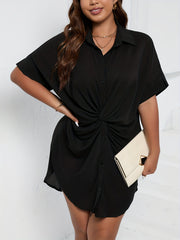  Twist Front Batwing Sleeve Button Up Collar Dress