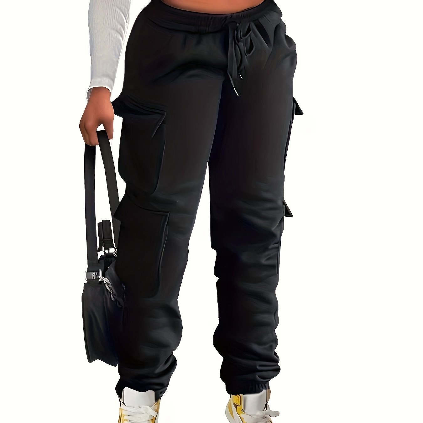 Women's Plus High Rise Cargo Pants Elastic Drawstring Pockets